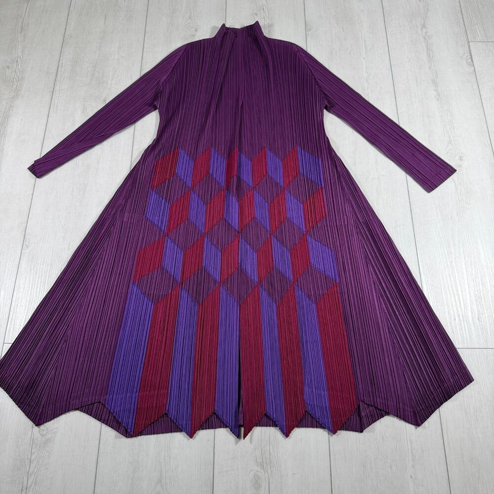 PLEATS PLEASE Issey Miyake Cardigan Size 3 Purple Print Mock Neck - Picture 2 of 8